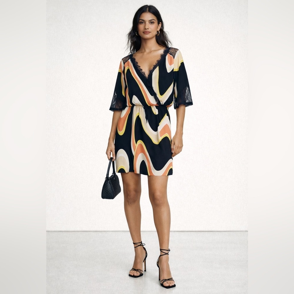 Skunkfunk mod print black orange yellow lace trim silk mini dress with v-neck 44